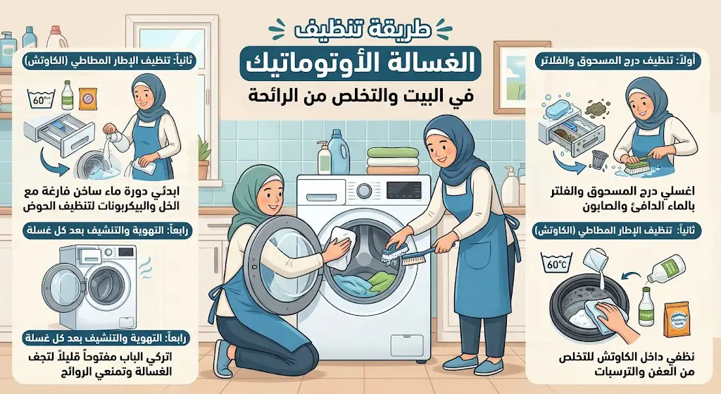 طريقة تنظيف الغسالة الأوتوماتيك في البيت والتخلص من رائحتها