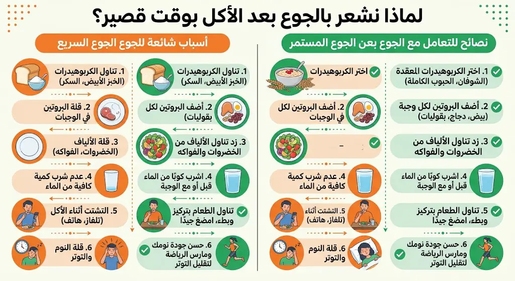 لماذا نشعر بالجوع بعد الأكل بوقت قصير؟ أسباب شائعة ونصائح للتعامل معه